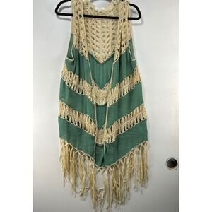 Umgee Boho Fringe Vest Green Cream Crochet Chevron Open Front Sleeveless Medium